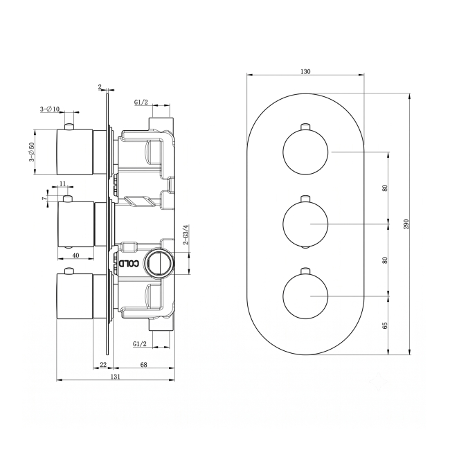 RAK Thermostatic Round 2 Outlet Concealed Shower Valve Triple Handle - Chrome  | Dimension Image