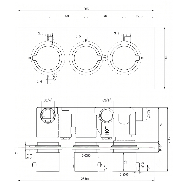 RAK Thermostatic Round 3 Outlet Concealed Shower Valve Triple Handle - Chrome  | Dimension Image