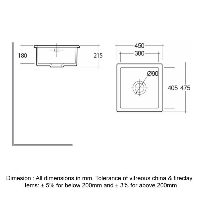 RAK Silvia Drop in Kitchen Sink 450mm L x 475mm W - Matt Grey