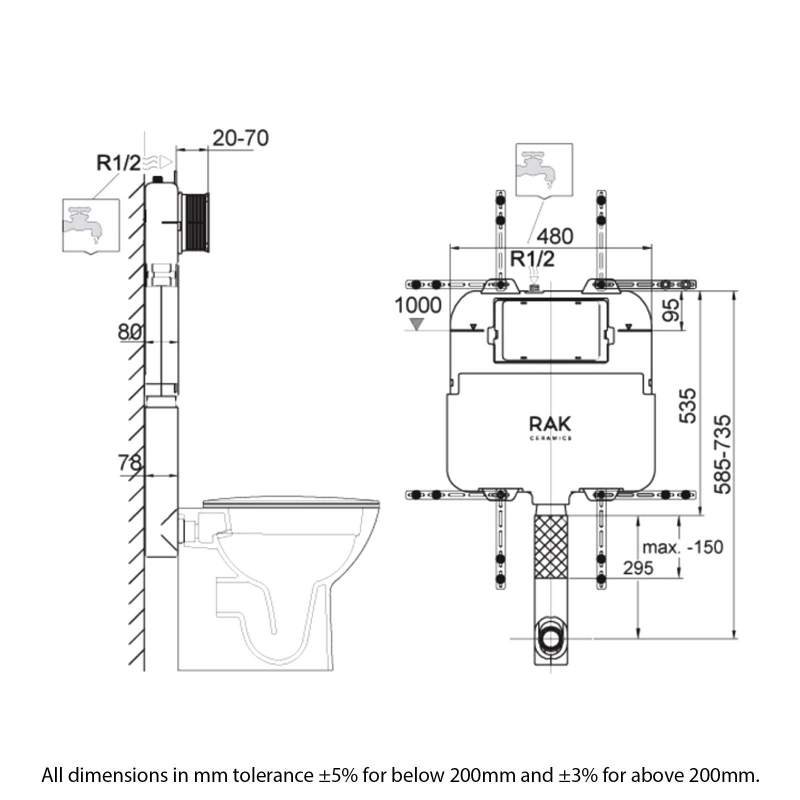 RAK Slimline Front Flush Regular Concealed Cistern 735mm H x 480mm W x 80mm D