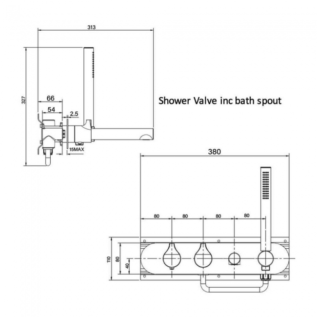RAK Sorrento Thermostatic Concealed Dual Outlet Shower Valve with Handset and Bath Spout - Chrome