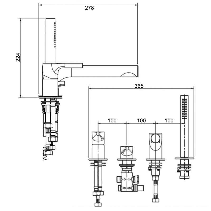 RAK Sorrento 4-Hole Bath Shower Mixer Tap Pillar Mounted - Chrome