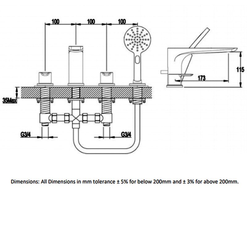 RAK Sport 4-Hole Bath Shower Mixer Tap Pillar Mounted - Chrome