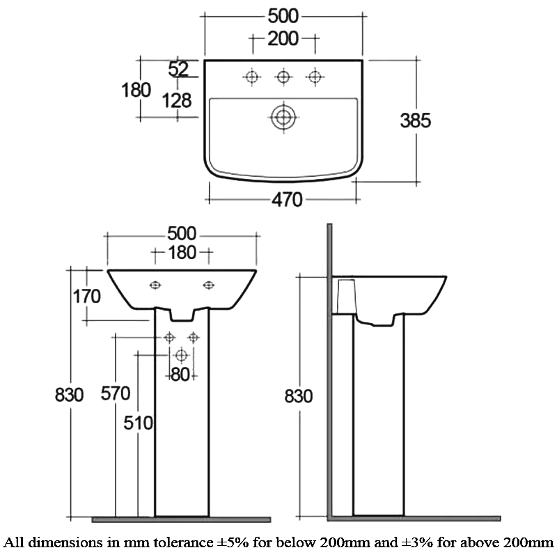 RAK Summit Basin and Full Pedestal 500mm Wide - 1 Tap Hole