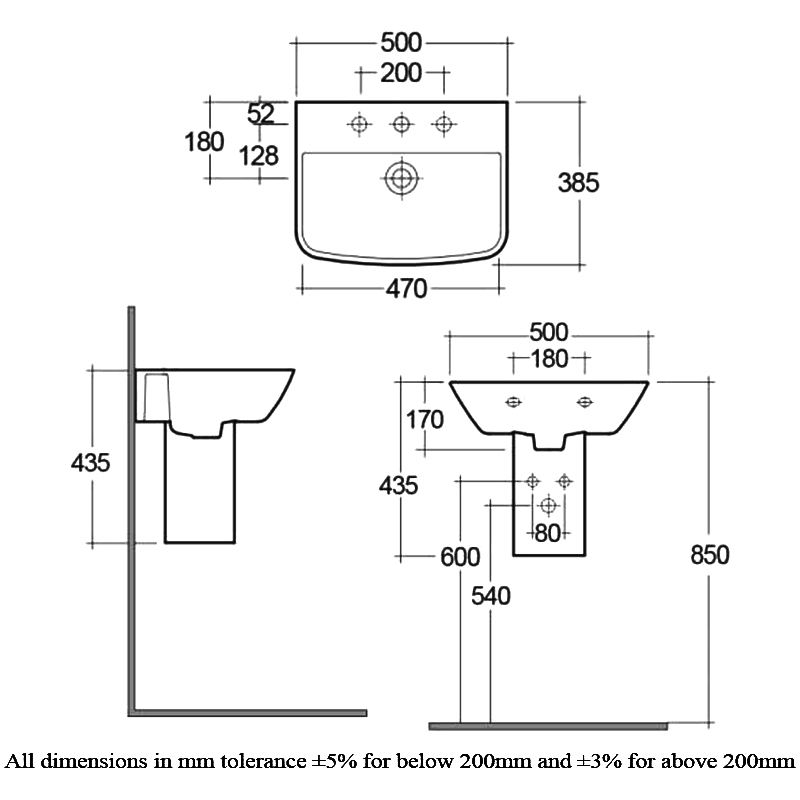 RAK Summit Basin and Semi Pedestal 500mm Wide - 1 Tap Hole
