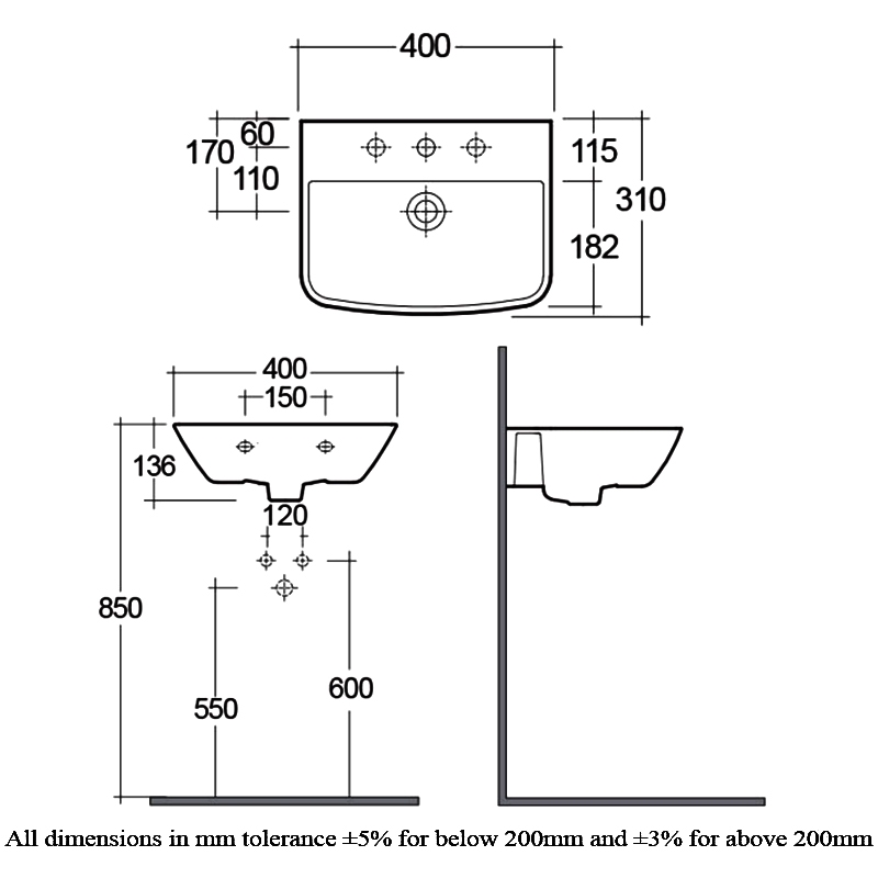 RAK Summit Cloakroom Basin 400mm Wide - 1 Tap Hole