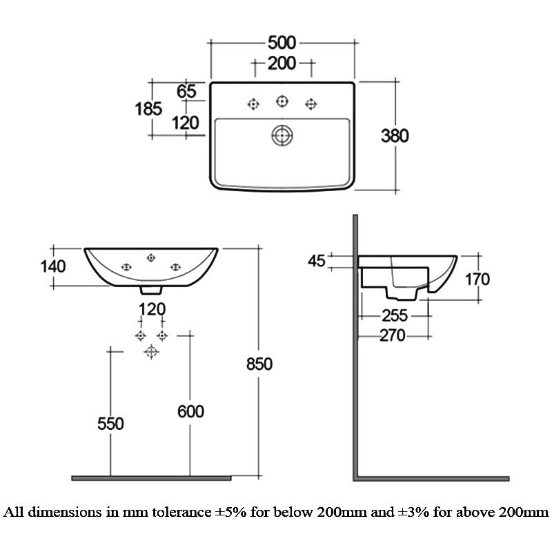 RAK Summit Semi-Recessed Basin 500mm Wide - 1 Tap Hole