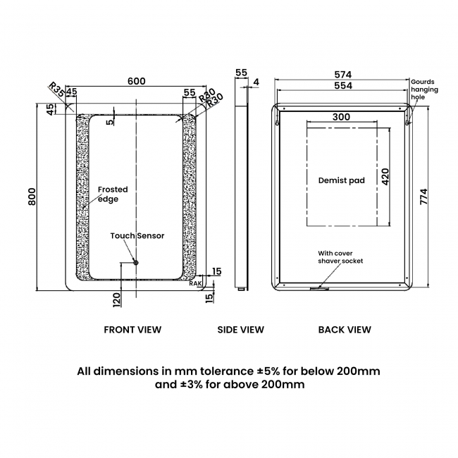 RAK Tanzanite LED Portrait Mirror with Switch and Demister Pad 800mm H x 600mm W Illuminated