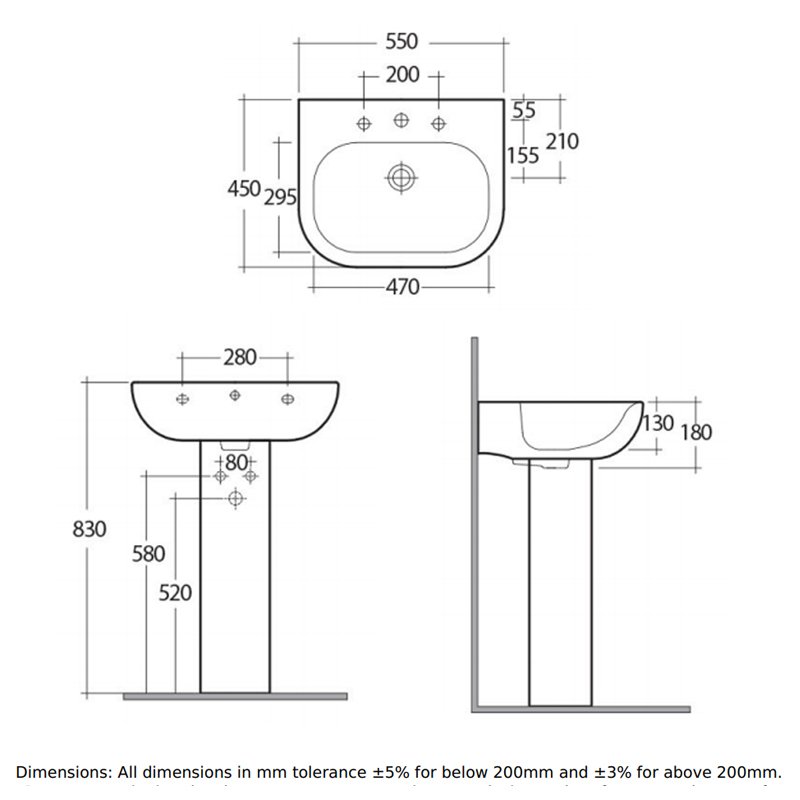 RAK Tonique Basin and Full Pedestal 550mm Wide - 1 Tap Hole