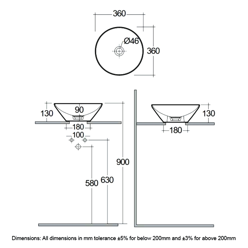 RAK Variant Round Countertop Wash Basin 360mm Wide 0 Tap Hole - Alpine White