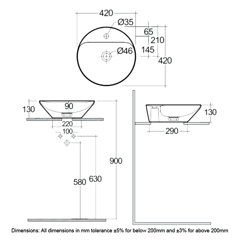 RAK Variant Round Countertop Wash Basin 420mm Wide 1 Tap Hole - Alpine White