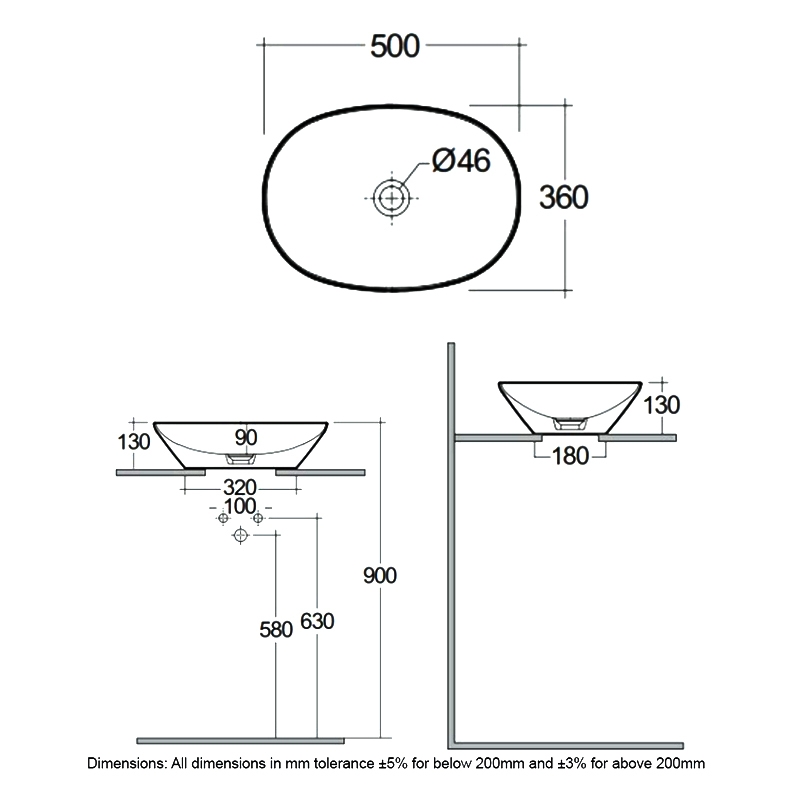 RAK Variant Oval Countertop Wash Basin 500mm Wide 0 Tap Hole - Alpine White