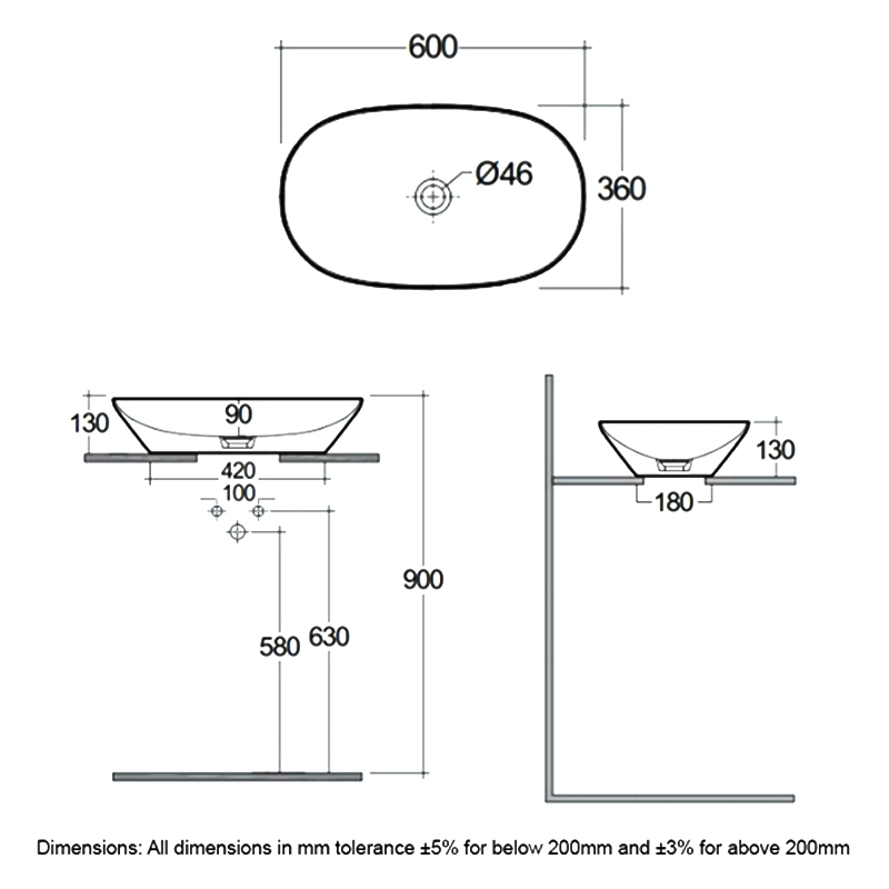 RAK Variant Oval Countertop Wash Basin 600mm Wide 0 Tap Hole - Alpine White