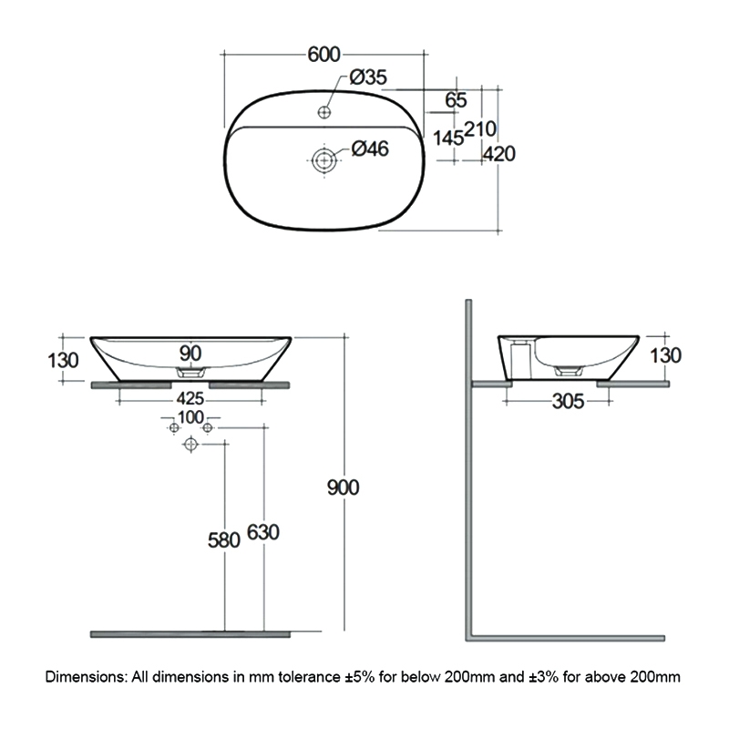 RAK Variant Oval Countertop Wash Basin 600mm Wide 1 Tap Hole - Alpine White