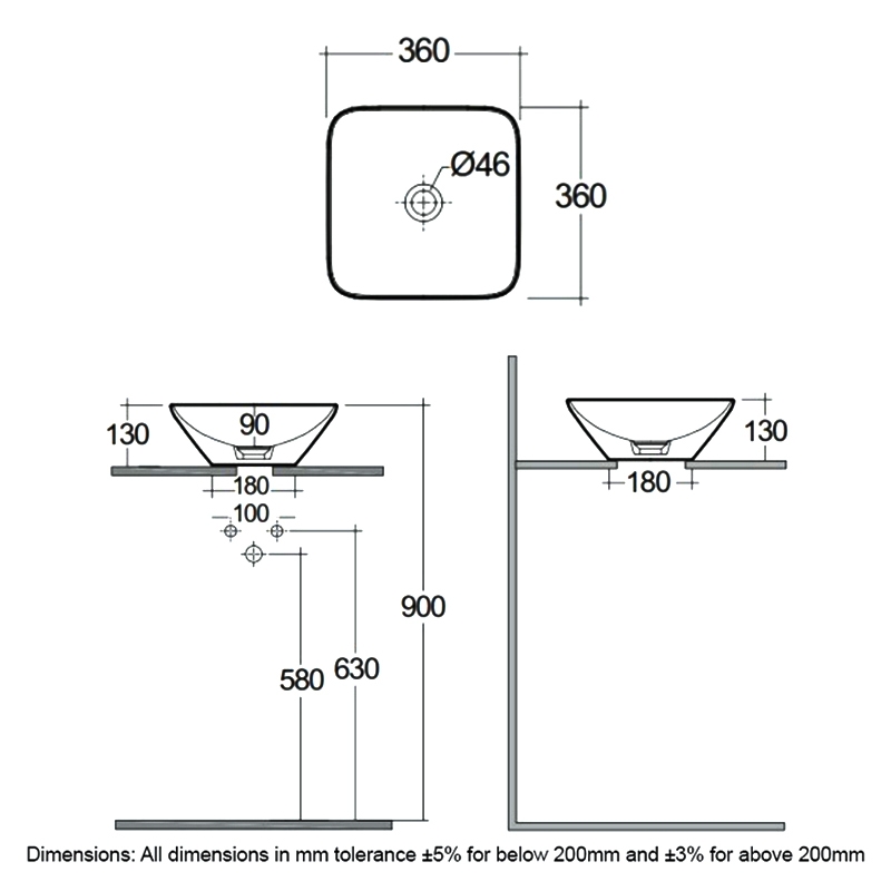 RAK Variant Square Countertop Wash Basin 360mm Wide 0 Tap Hole - Alpine White