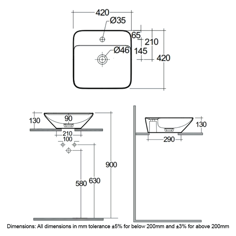RAK Variant Square Countertop Wash Basin 420mm Wide 1 Tap Hole - Alpine White  | Dimension Image