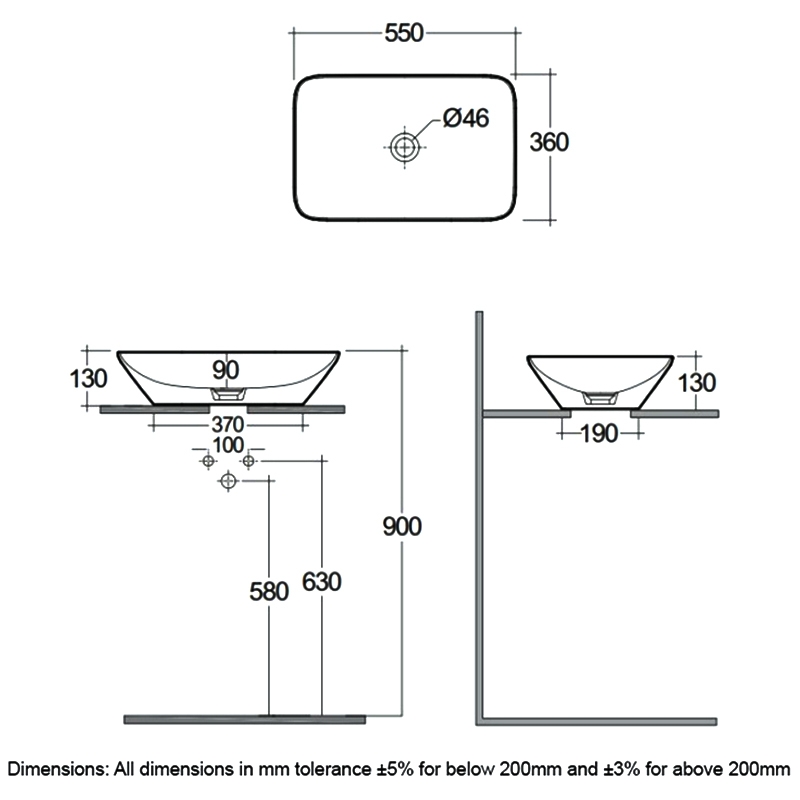 RAK Variant Rectangular Countertop Wash Basin 550mm Wide 0 Tap Hole - Alpine White