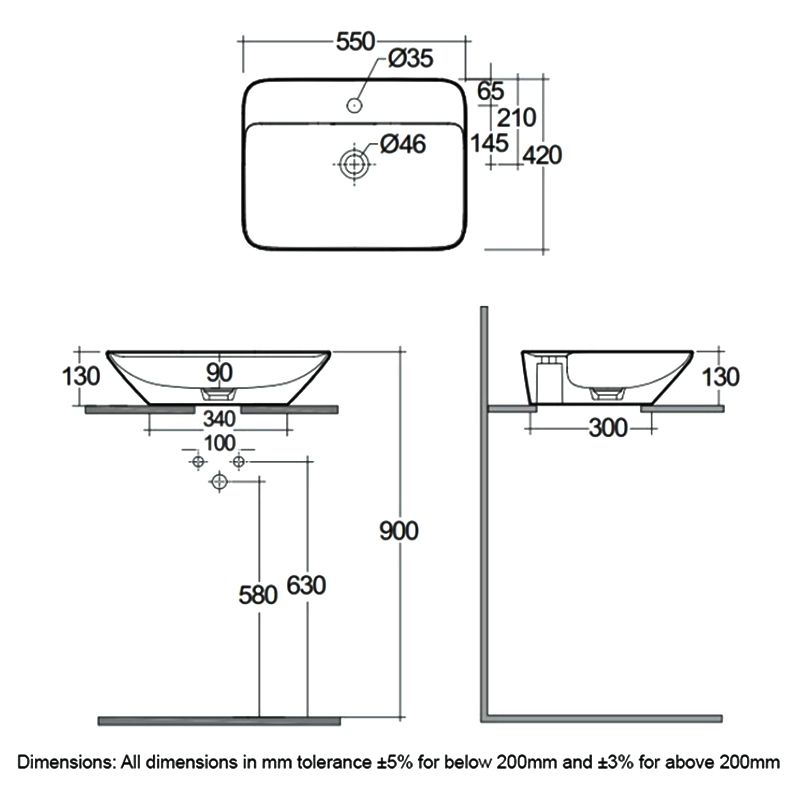 RAK Variant Rectangular Countertop Wash Basin 550mm Wide 1 Tap Hole - Alpine White  | Dimension Image