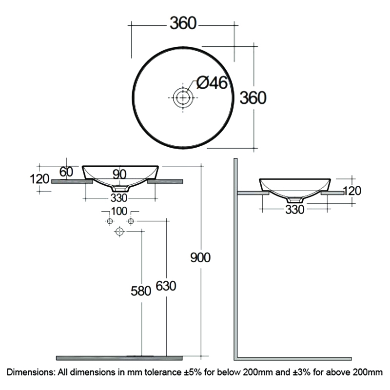 RAK Variant Round Drop-In Wash Basin 360 Wide 0 Tap Hole - Alpine White