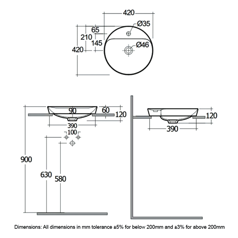 RAK Variant Round Drop-In Wash Basin 420mm Wide 1 Tap Hole - Alpine White  | Dimension Image