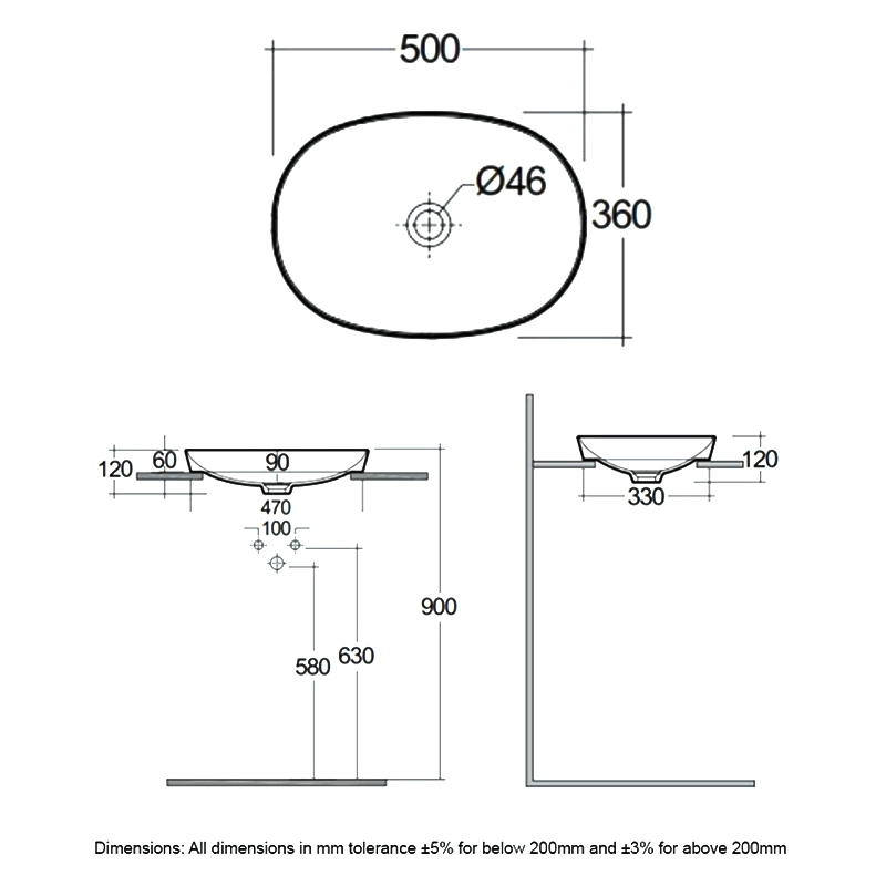 RAK Variant Oval Drop-In Wash Basin 500mm Wide 0 Tap Hole - Alpine White