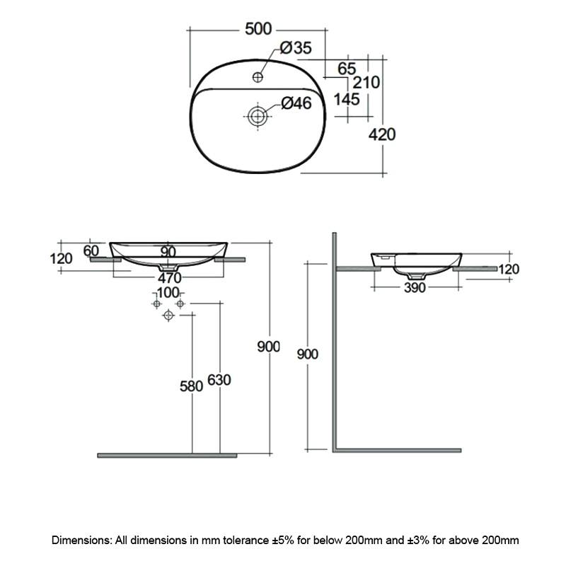 RAK Variant Oval Drop-In Wash Basin 500mm Wide 1 Tap Hole - Alpine White  | Dimension Image