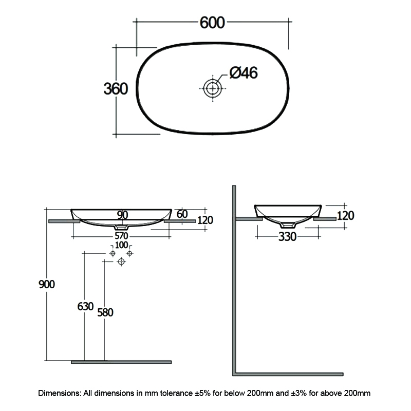 RAK Variant Oval Drop-In Wash Basin 600mm Wide 0 Tap Hole - Alpine White  | Dimension Image