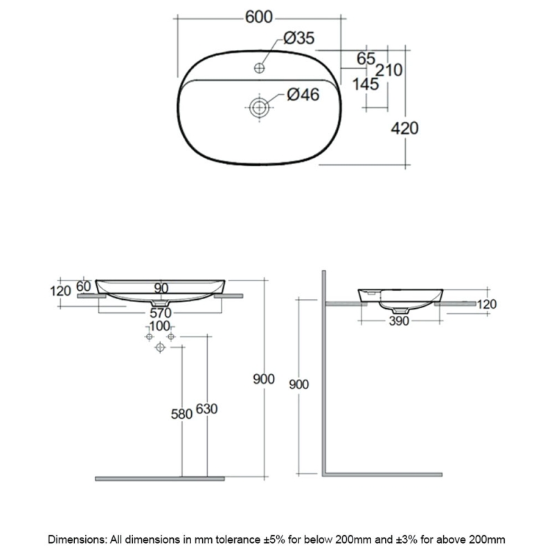 RAK Variant Oval Drop-In Wash Basin 600mm Wide 1 Tap Hole - Alpine White
