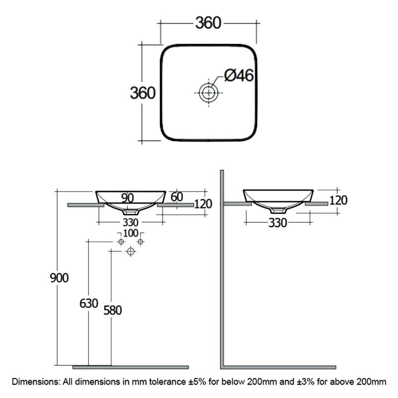 RAK Variant Square Drop-In Wash Basin 360mm Wide 0 Tap Hole - Alpine White  | Dimension Image
