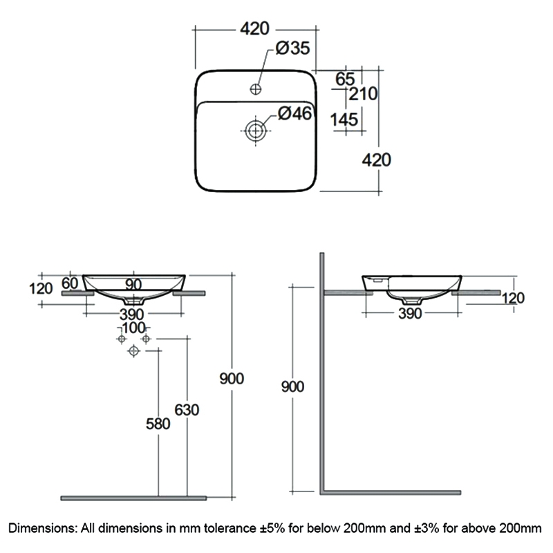 RAK Variant Square Drop-In Wash Basin 420mm Wide 1 Tap Hole - Alpine White