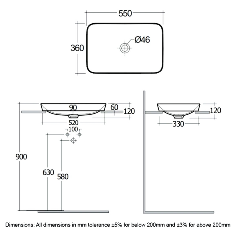 RAK Variant Rectangular Drop-In Wash Basin 550mm Wide 0 Tap Hole - Alpine White