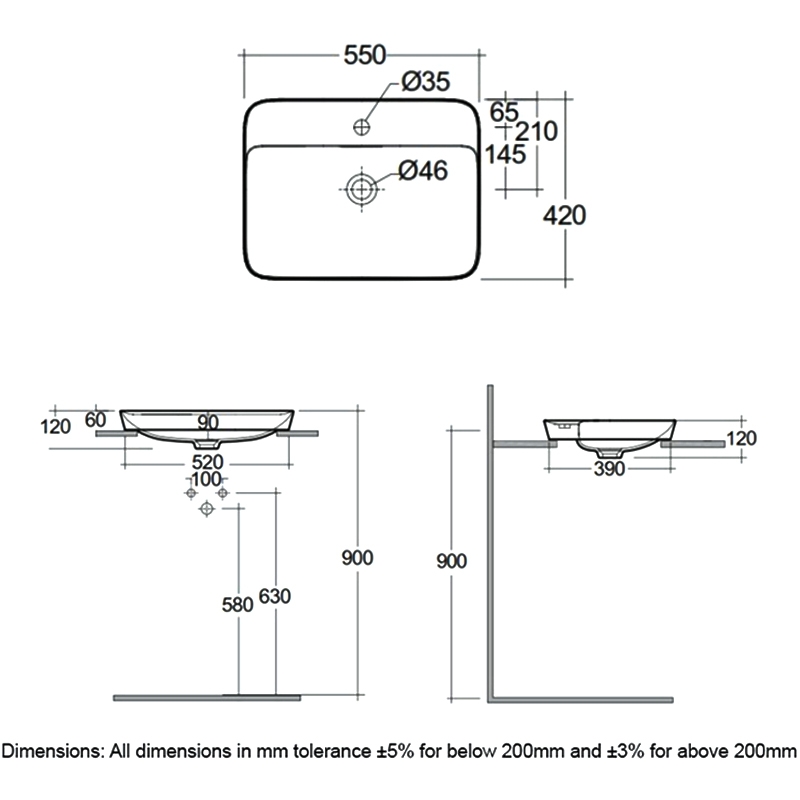 RAK Variant Rectangular Drop-In Wash Basin 550mm Wide 1 Tap Hole - Alpine White