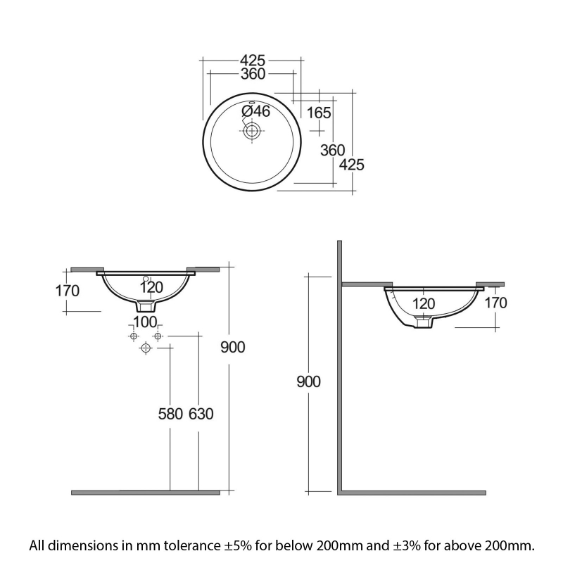RAK Variant Round Undermount Countertop Basin 415mm Wide - 0 Tap Hole