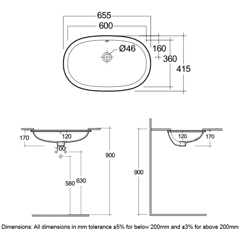 RAK Variant Oval Undermount Countertop Basin 600mm Wide - 0 Tap Hole