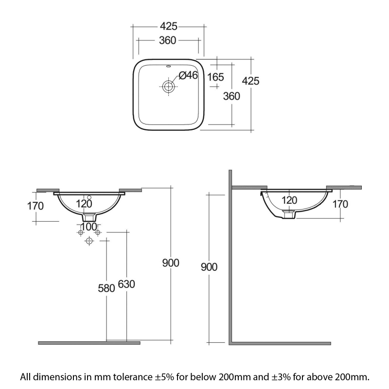 RAK Variant Square Undermount Countertop Basin 415mm Wide - 0 Tap Hole