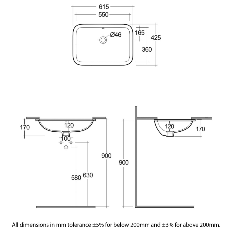 RAK Variant Rectangular Undermount Countertop Basin 550mm Wide - 0 Tap Hole