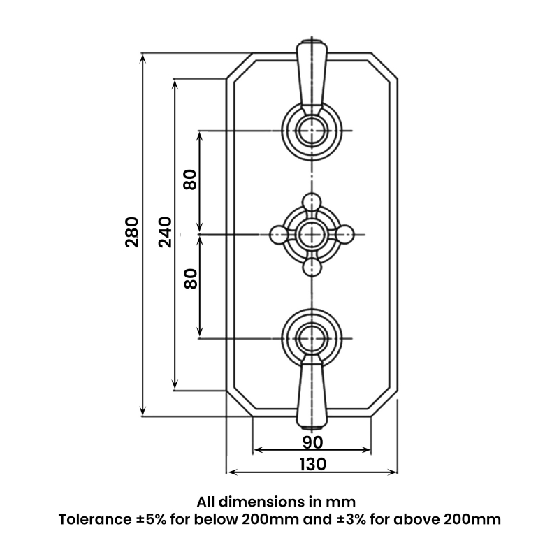 RAK Washington Thermostatic Triple Outlet Concealed Shower Valve - Chrome  | Dimension Image