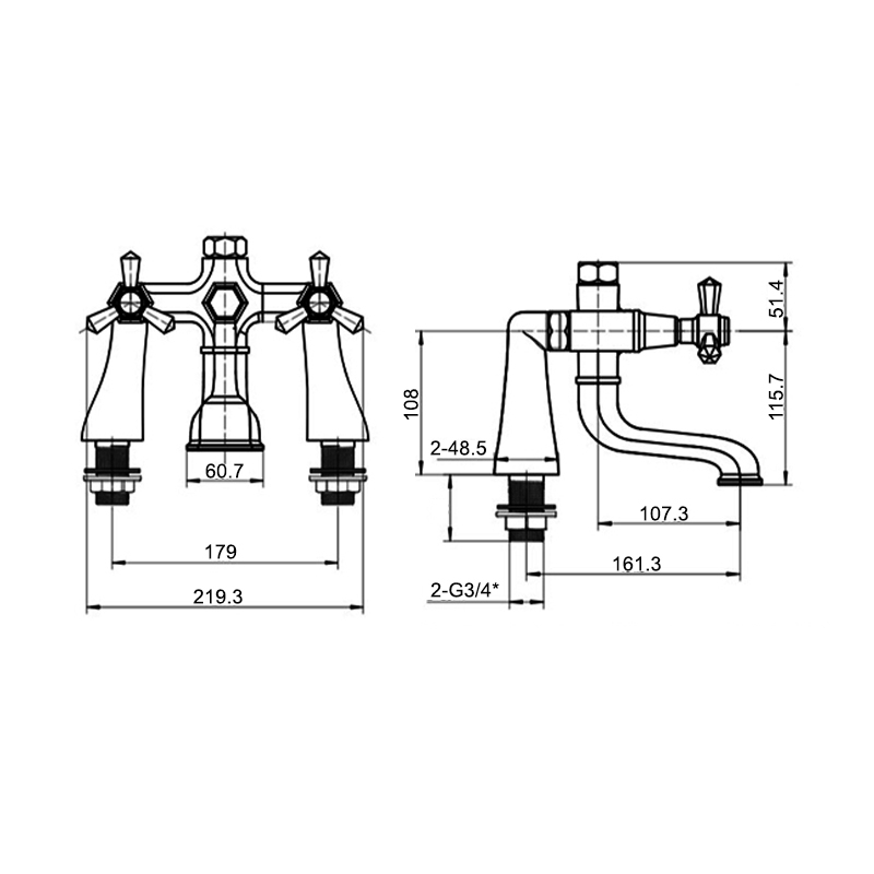 RAK Washington Bath Filler Tap Pillar Mounted - Chrome  | Dimension Image