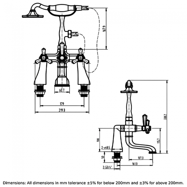 RAK Washington Bath Shower Mixer Tap Pillar Mounted - Chrome  | Dimension Image