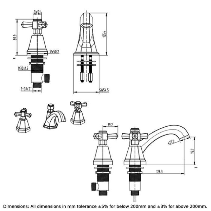 RAK Washington 3-Hole Basin Mixer Tap Deck Mounted - Chrome