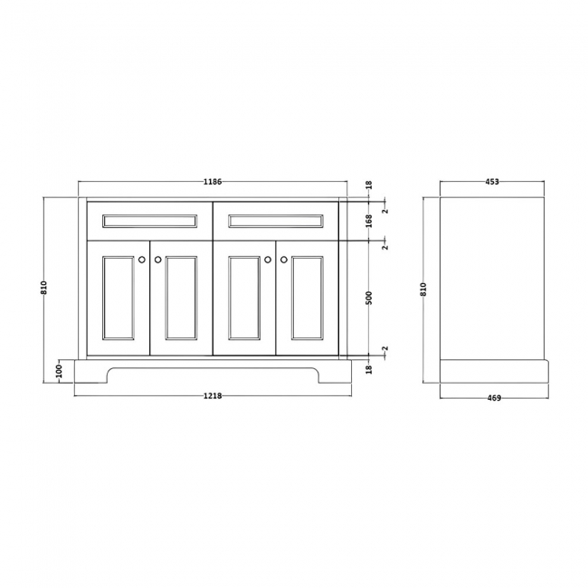 RAK Washington Traditional Floor Standing 4 Door Vanity Unit 1200mm Wide - White