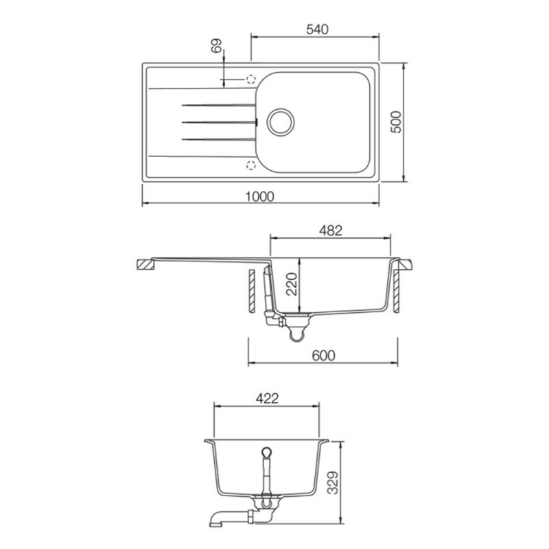 Rangemaster Amethyst 1.0 Bowl Kitchen Sink with Waste Kit 1000mm L x 500mm W - Dove Grey