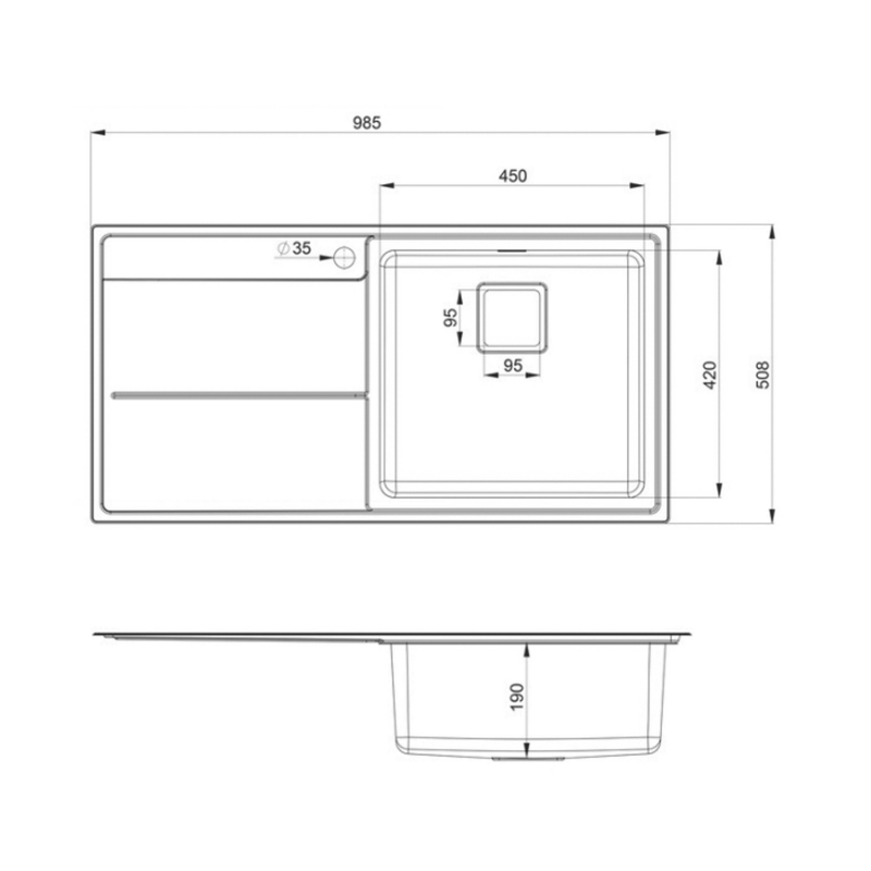 Rangemaster Arlington 1.0 Bowl Inset Kitchen Sink with LH Drainer & Waste Kit 985mm L x 508mm W - Stainless Steel