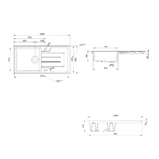 Rangemaster Austell 1.0 Bowl Inset Fireclay Kitchen Sink With Waste Kit 1000mm L x 500mm W - Matt Black  | Dimension Image