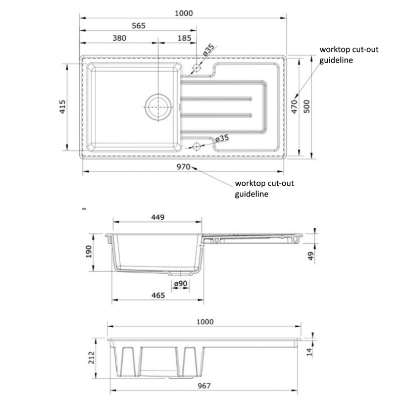 Rangemaster Austell 1.0 Bowl Inset Ceramic Kitchen Sink with Waste Kit 1000mm L x 500mm W - White