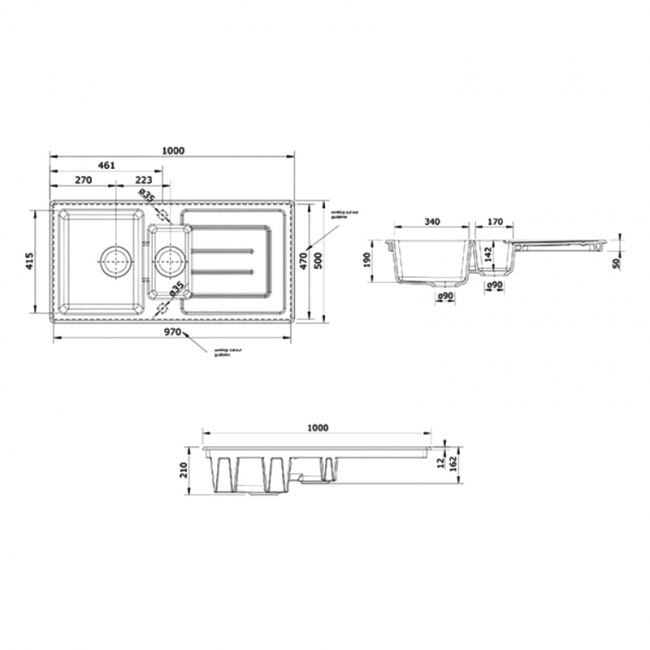 Rangemaster Austell 1.5 Bowl Inset Fireclay Kitchen Sink With Waste Kit 100mm L x 500mm W - Matt Black
