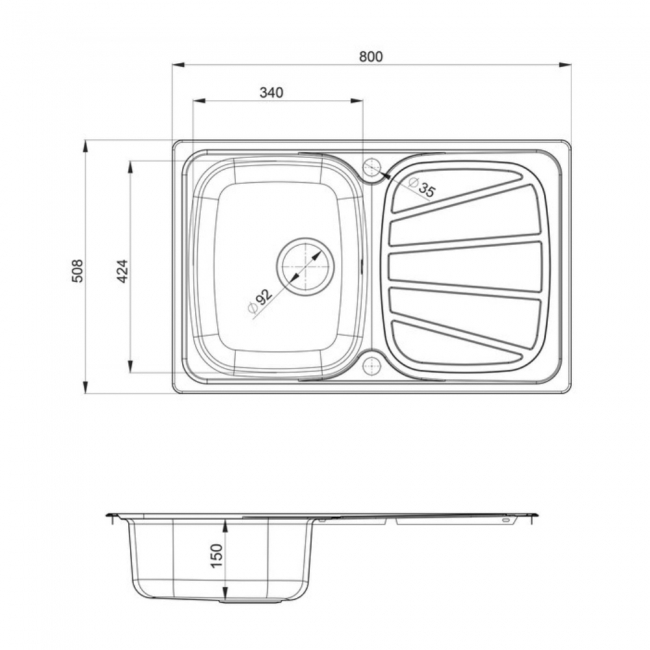 Rangemaster Baltimore 1.0 Bowl Inset Kitchen Sink with Waste Kit 800mm L x 508mm W - Stainless Steel