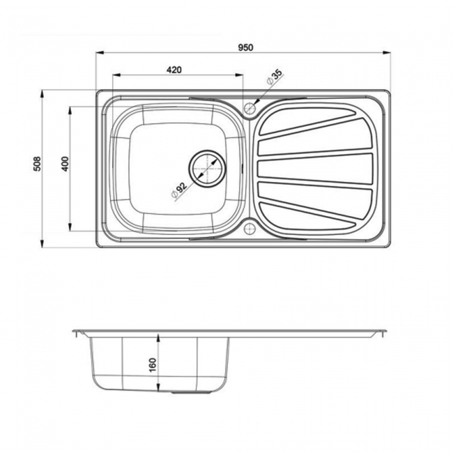 Rangemaster Baltimore 1.0 Bowl Inset Kitchen Sink with Waste Kit 950mm L x 508mm W - Stainless Steel
