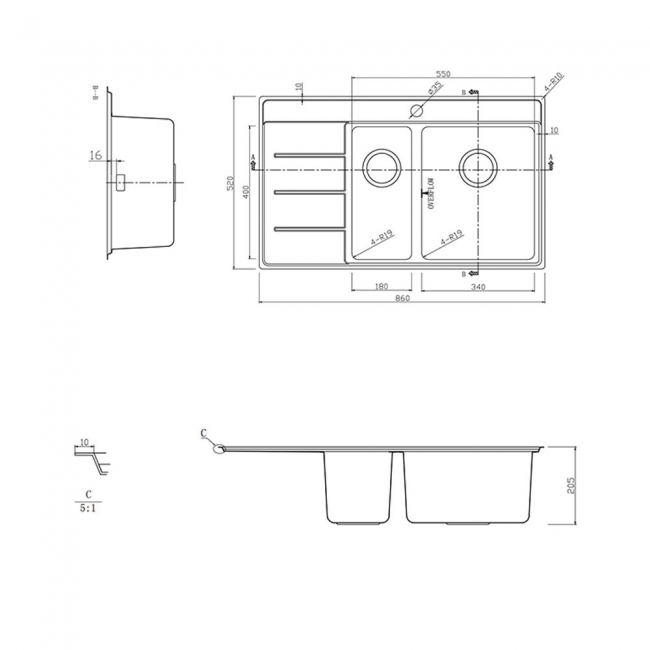 Rangemaster Boston 1.5 Bowl Inset Kitchen Sink RH Drainer with Waste Kit 860mm L x 520mm W - Stainless Steel
