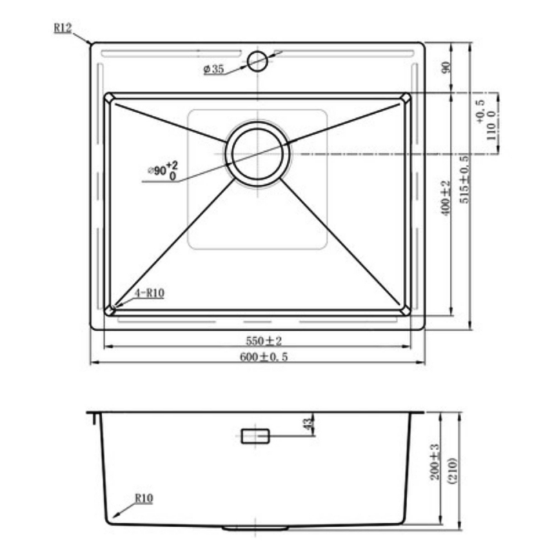 Rangemaster Cosmo 1.0 Bowl Inset Kitchen Sink with Waste Kit 600mm L x 515mm W - Stainless Steel